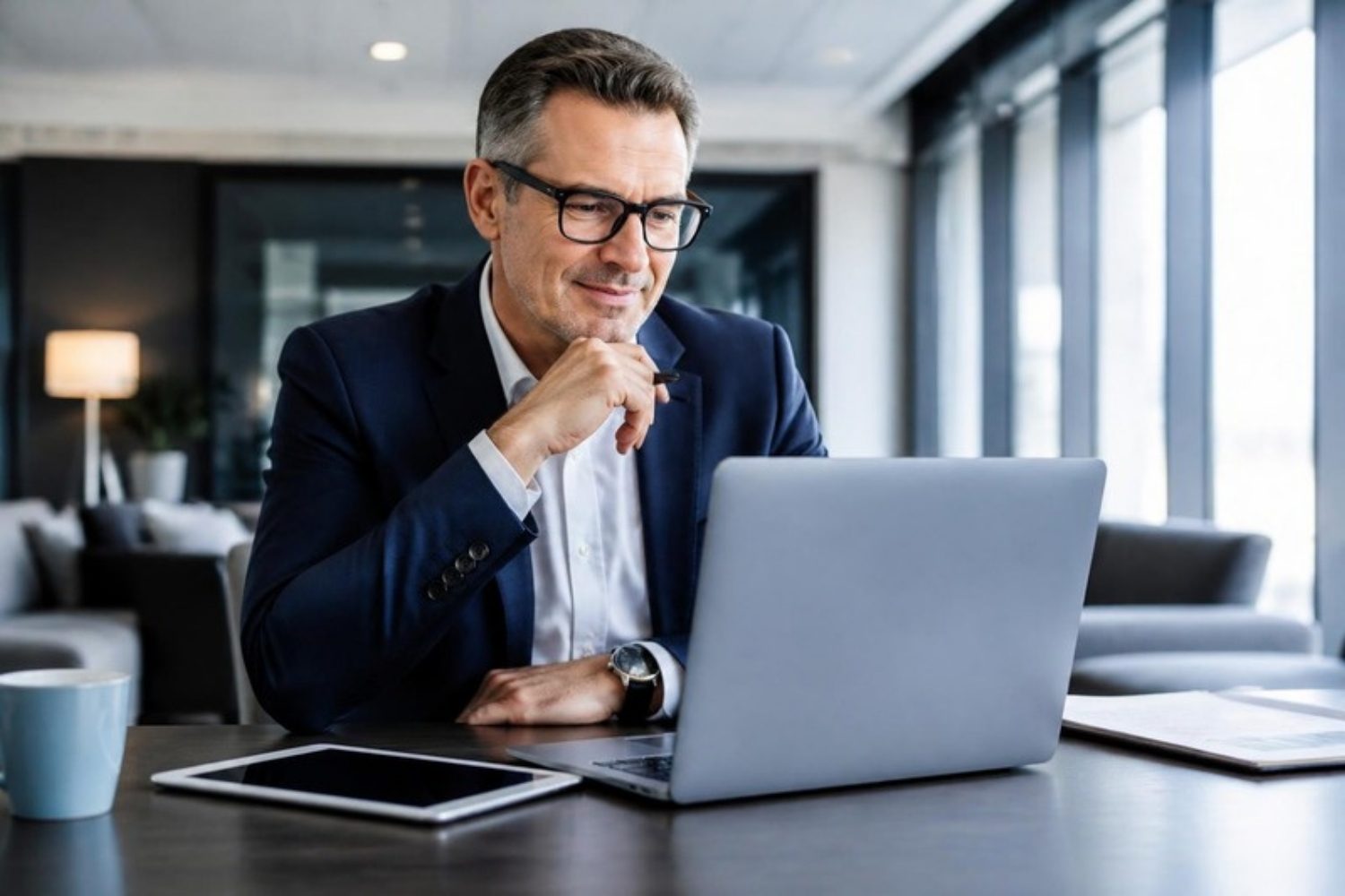 Business professional reviewing a modern company website on a laptop