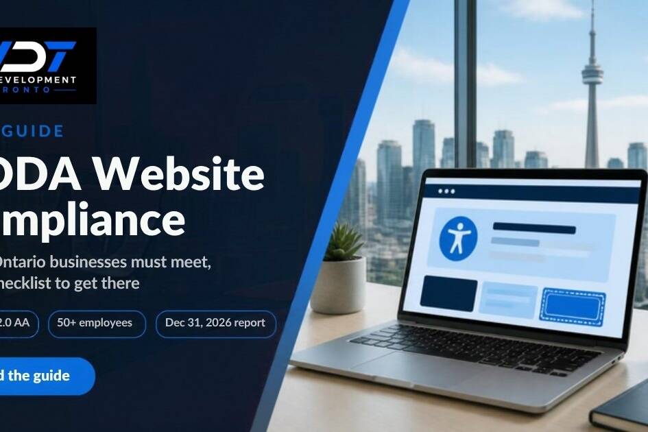 AODA website compliance guide for Toronto businesses, with a laptop showing an accessible website and the CN Tower behind