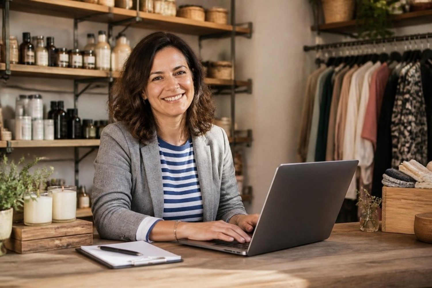 Small business owner working on her website at the shop counter