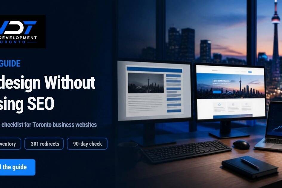Website redesign SEO checklist for Toronto businesses, with old and new website designs side by side on two monitors