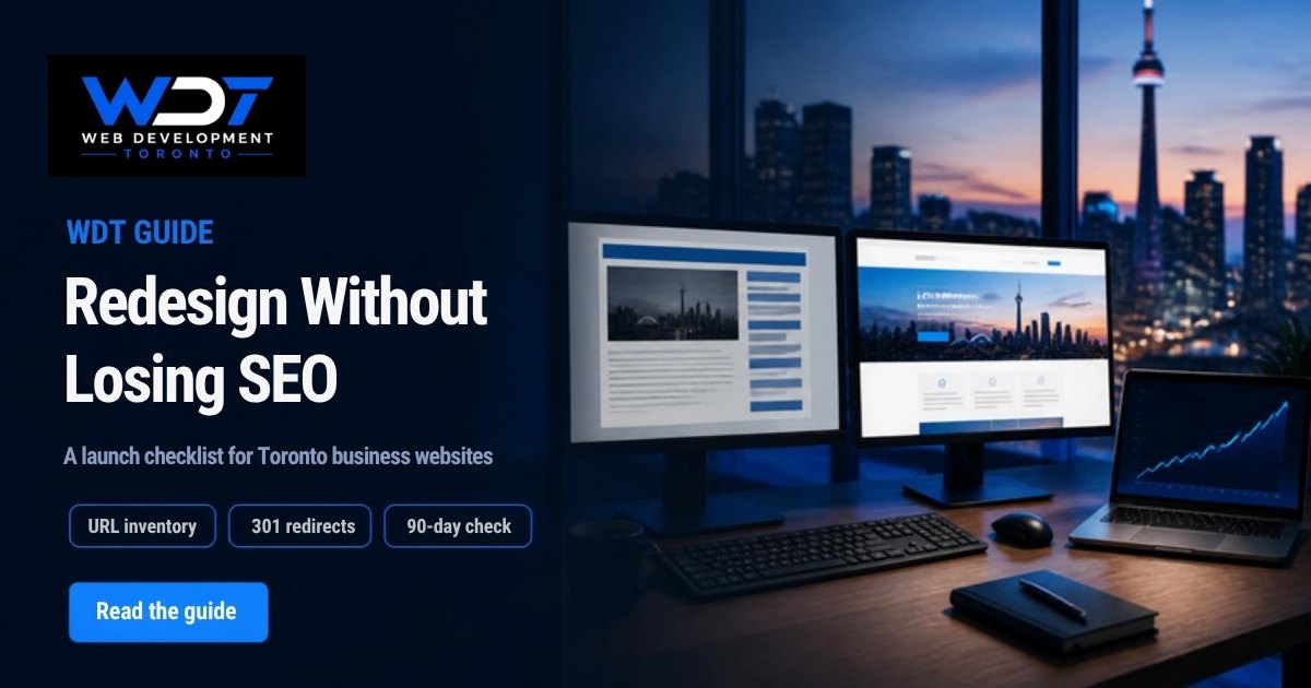 Website redesign SEO checklist for Toronto businesses, with old and new website designs side by side on two monitors